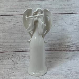 White Ceramic Angel Figurine Playing Flute Cutout Hole Wings Christmas 6 1/2"H